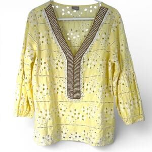CHICO'S L Top Blouse Tunic Eyelet Lace Beaded Coverup Butter Yellow Embroidered